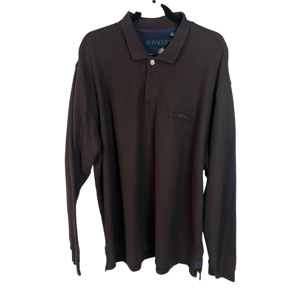 Orvis Mens XXL Brown Long Sleeve Cotton Pique Polo Shirt Fly Fishing Gorpcore